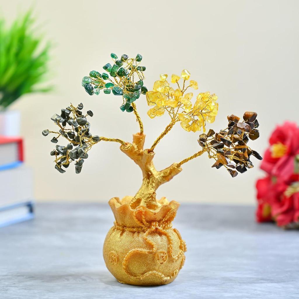 Money Magnet Crystal Tree Pyrite, Green Aventurine, Citrine, Tiger Eye Tree of Life Bonsai - Feng Shui Gold Crystal Ornaments for Prosperity