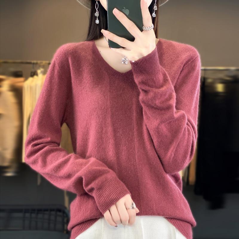 Spring and Autumn Women's Knit Sweater V-neck Long-sleeved Knit Sweater Solid Color Pullover Thin Top Gentle Wind Knitted Bottoming Shirt