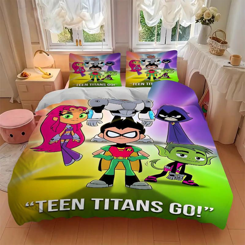 3pcs Teen Titans Go Adventure Bedding Set, Includes One Quilt Cover and Two Pillowcases, Bedroom and Guest Room Decoration. T7230173