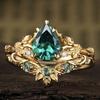 Emerald Teardrop Zircon Gold-Plated Couple Ring - European & American Palace Style Jewelry.