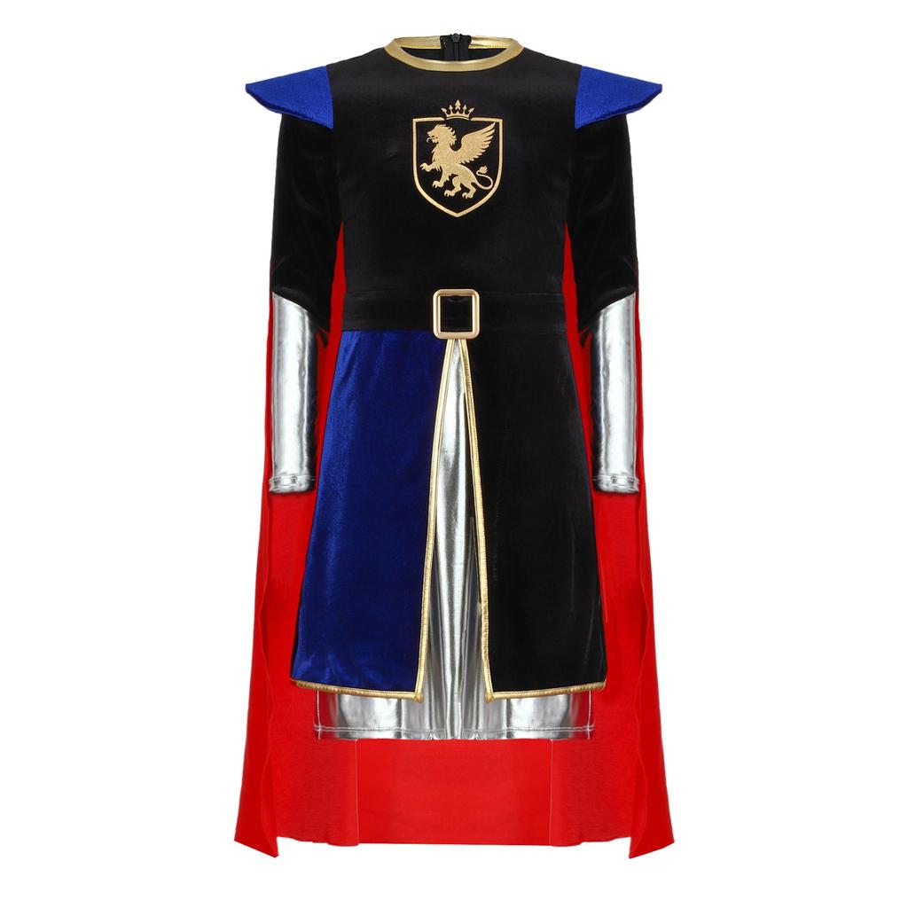 Boys Knight Costume Metallic Gloss Patchwork Top Back Invisible Zipper Long Sleeve Detachable Cape Cosplay Outfit