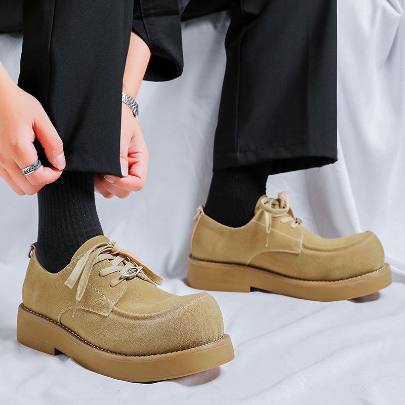 Big Head Leather Shoes Men's Anti-velvet Low-top Rhubarb Boots Thick-soled Heightening British Style High-end Derby Shoes 24331-R