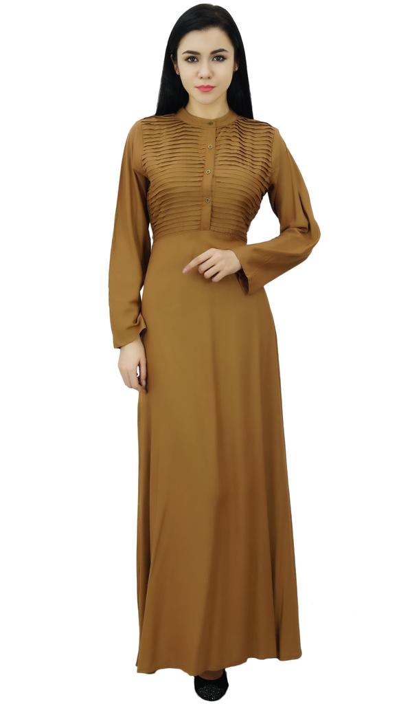 Bimba Women's Long Sleeve Maxi Mandarin Collar Plain Jilbab Dress With