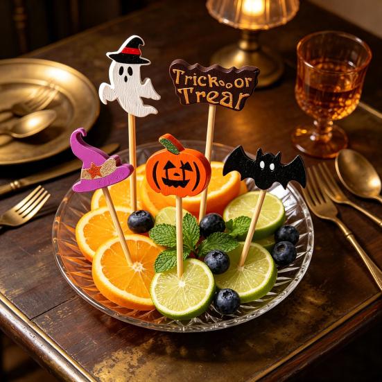 Decorative Sandwich Picks 100PCS Halloween Bamboo Toothpicks, Cute Tree Shaped Disposable Skewers, Natural Appetizer Dessert Toppers for Appetizers