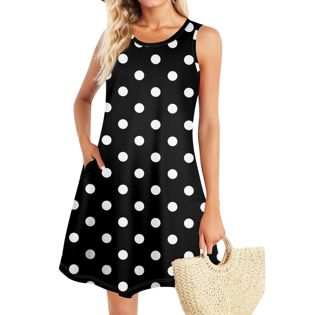 Summer Dresses For Women Beach Boho Sleeveless Vintage Printing Flowy Pocket Tshirt Tank Sundresses