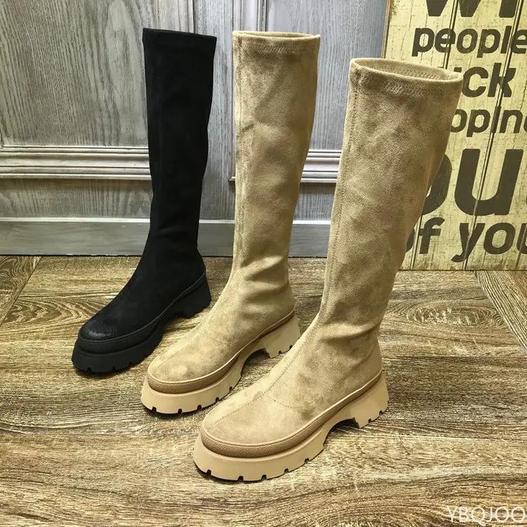 Сексуальные женские сапоги на платформе до колена, осенне-зимние, без застежек, эластичные, длинные, современные, женские, универсальные, высокие, эластичные туфли