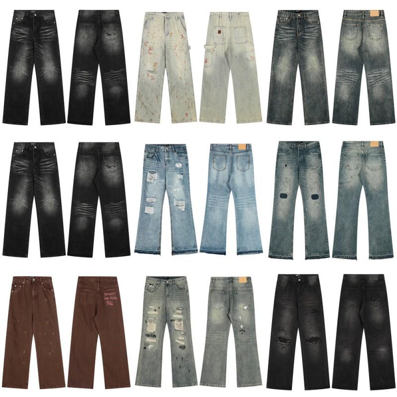 Mens Distressed Straight Fit Denim Jeans With Embroidery Mid-Rise Water Washed Cotton Blend Streetwear Casual Pants