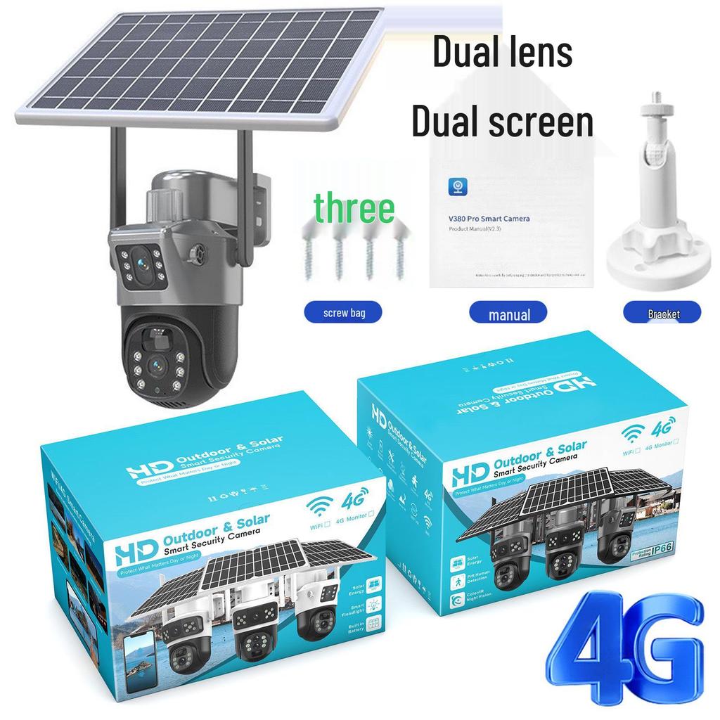 V380 4G Solar Camera with Dual-View, Triple-Lens, 10x Zoom, Low-Power, Wireless Bullet Ball Monitor