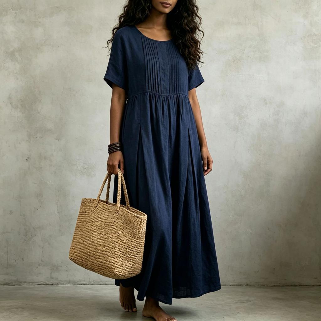 European and American cotton and linen dress women's summer new short-sleeved medium and long pleated loose casual solid color long dress