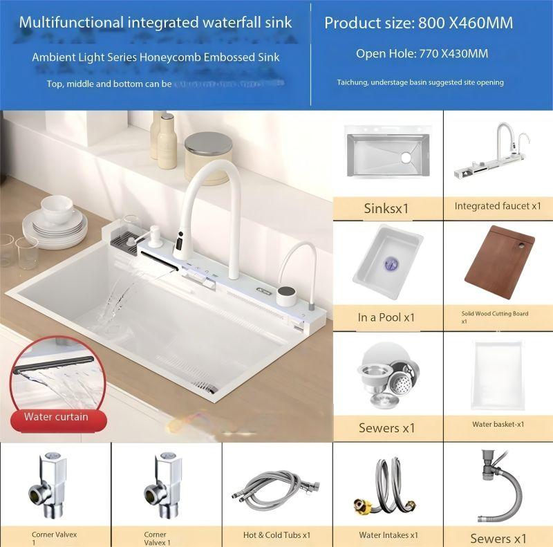 Белая кухонная раковина Nano с одним слотом, встроенный цифровой дисплей, кран с водопадом, дозатор мыла, чашка, мойка, чистый кран