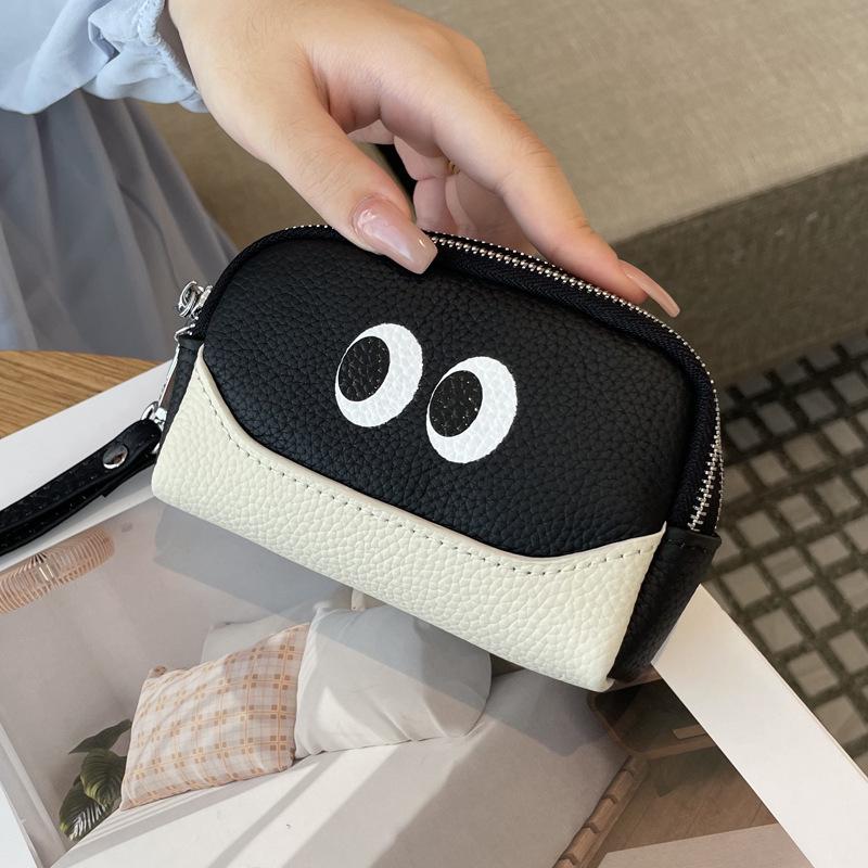 2025 Women's Cute Cartoon Leather Coin Purse: Cowhide Wristlet with Triple Zipper Key Storage