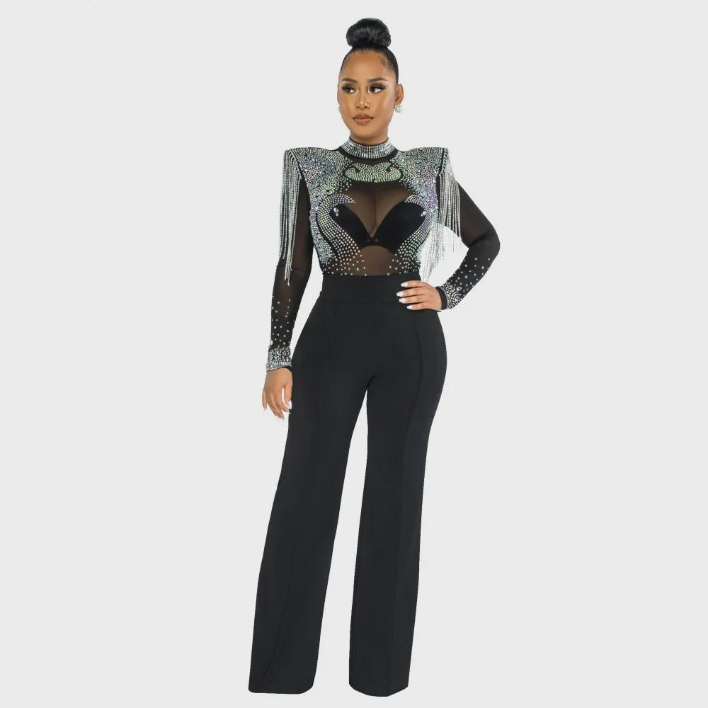 Женский сексуальный прозрачный сетчатый комбинезон со стразами в европейском и американском стиле