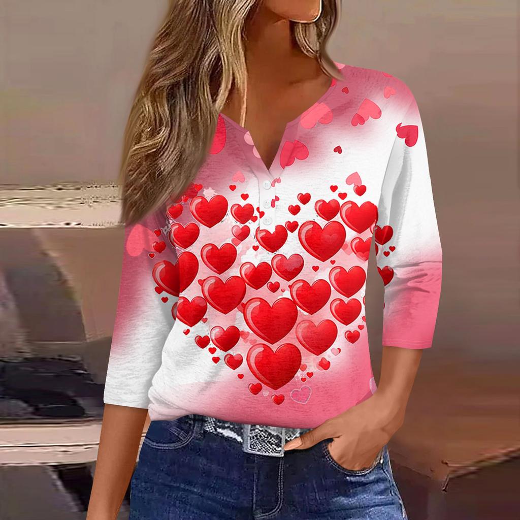 Жен. Футболка Футболка С принтом Пуговицы Рукав 3/4Ежедневно Выходные Мода Классический Топ с v-образным вырезом Обычный