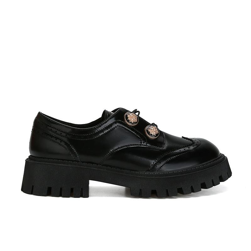 Lacquer Leather Leather Loafers Women's Soft Thick Soles, Round Head, Small Leather Shoes, Gold Buckle, Block, One Pedal