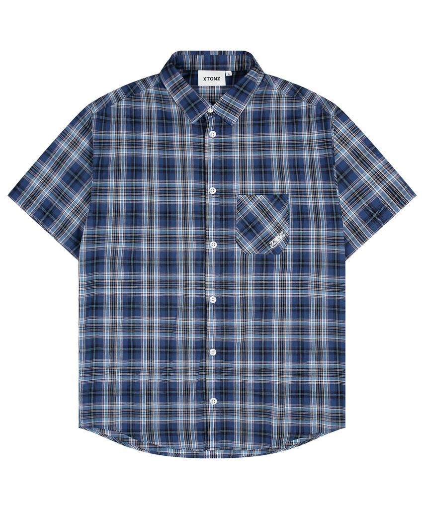 XTONZ Xts039 One Pocket Check Half Shirt (Blue)