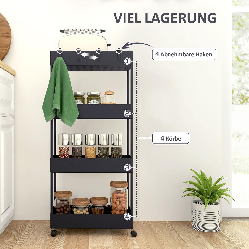 Kitchen Cart with 4 Shelves, 4 Flexible Hooks, 4 Casters, 40 cm x 19 cm x 90 cm, Gap Cart, Black