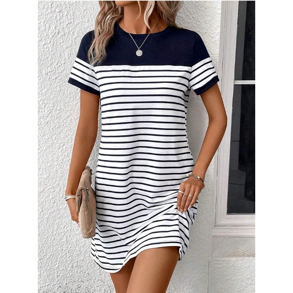 Women's Fashion Geometric Pattern Print Summer Spring Short Sleeve O-Neck Casual Dresses