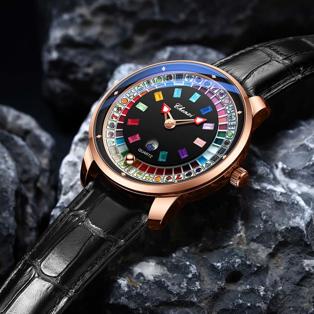 CHENXI Creative Card & Roulette Men's Quartz Watch Large Dial Water-Resistant Luminous Watch Unique Trendy Revolving Dial Watch