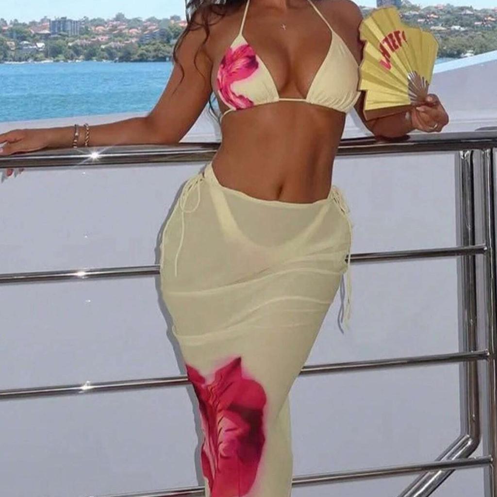 Комплект бикини из трех предметов 2025 европейский и американский: Сексуальный длинный купальник-накидка с принтом для женщин