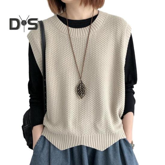 Women Knitted Vest Autumn Winter O Neck Solid Color Wavy Hem Warm Soft Loose Casual Female Ladies Waistcoat Sleeveless Top Knitwear