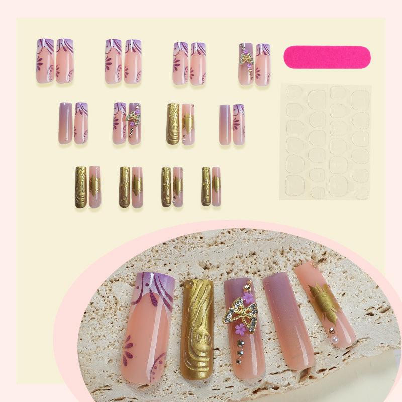 Popular European & American press on nails, long water pipe, gold-purple leopard print, diamond butterflies. 24pcs finished false nails for wholesale.