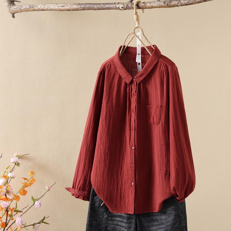Двухслойная хлопковая пряжа с длинными рукавами, женская художественная рубашка с маленьким острым воротником, простая универсальная базовая рубашка, топ, блузки и рубашки