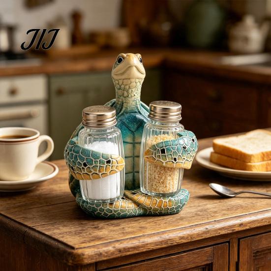 Island Inspired Dining Table Centerpiece Sea Turtle Salt Pepper Shaker Set with Holder, Resin Figurine Glass Condiment Dispenser Metal Lids