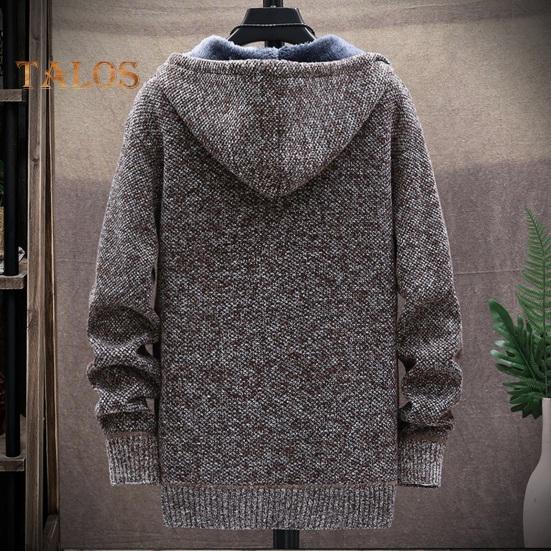 Winter Men Jacket Thickened Fleece Hooded Drawstring Zip-up Long Sleeves Sweater Coat Pockets Elastic Cuff Retro Knitted Daily Wear Outerwear Jacket