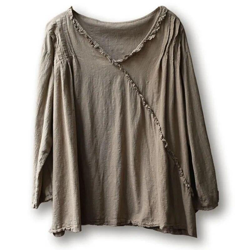 Johnature Women Vintage Patchwork V-Neck T-Shirts Long Sleeve Solid Color Autumn Tees Loose Cotton Linen Women T-Shirts