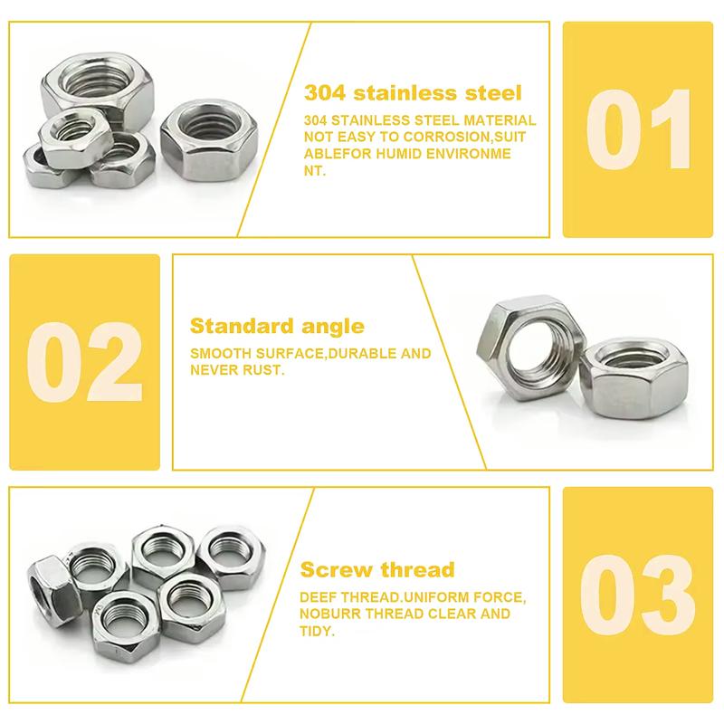 66pcs Hex Nuts M4 M5 M6 M8 M10 M12, Metric 304 Stainless Steel 6 Sizes, Coarse Thread Hex Nuts