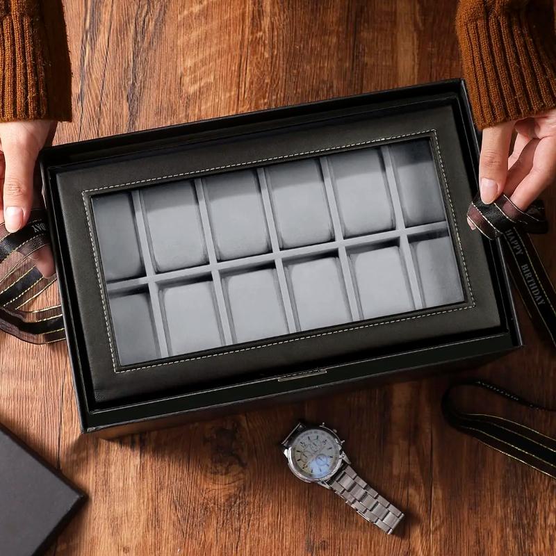 12-слотовые запирающиеся коробки для хранения часов из искусственной кожи, мужские и женские ювелирные изделия, ящик для показа, двухъярусный органайзер, витрина для часов