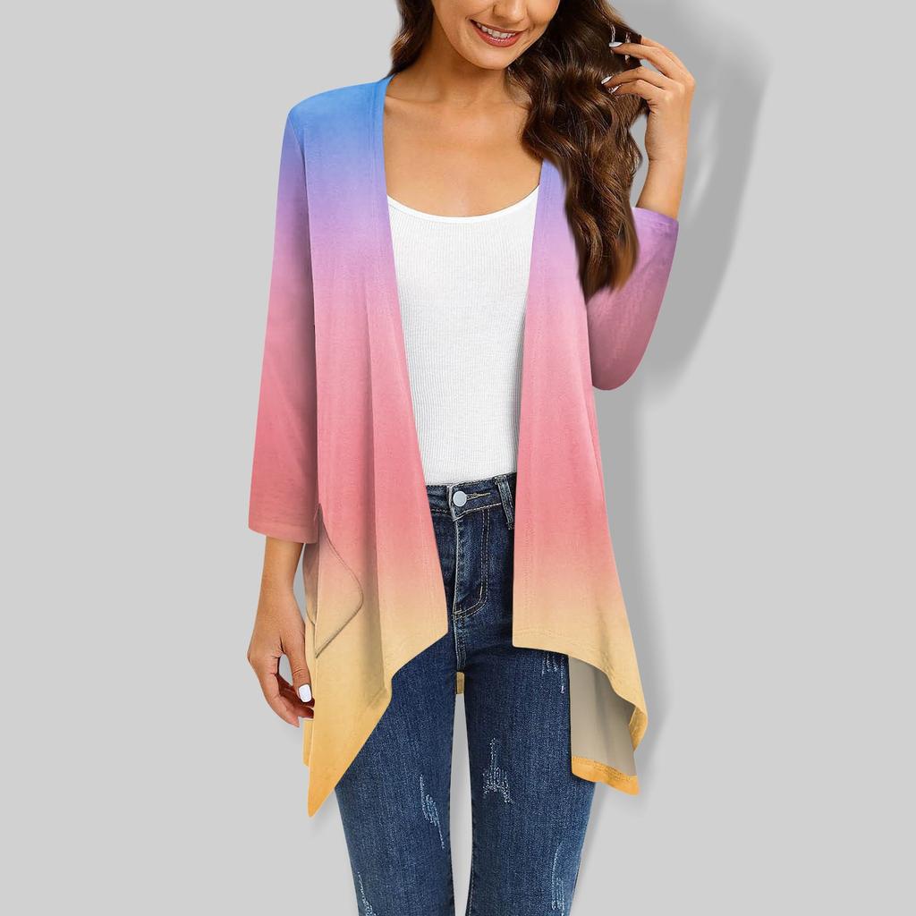 Женский кардиган неправильной формы с градиентным принтом и рукавами три четверти, куртка с карманами