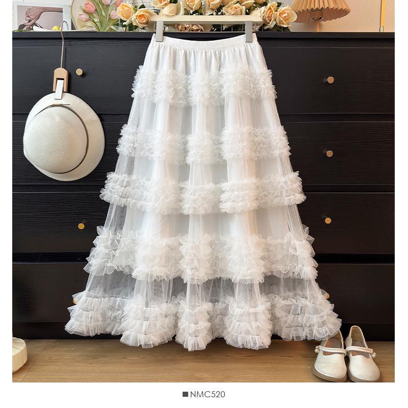 Стиль Sweet High Waist Макси Юбка из Кружевной Марли с Оборками
