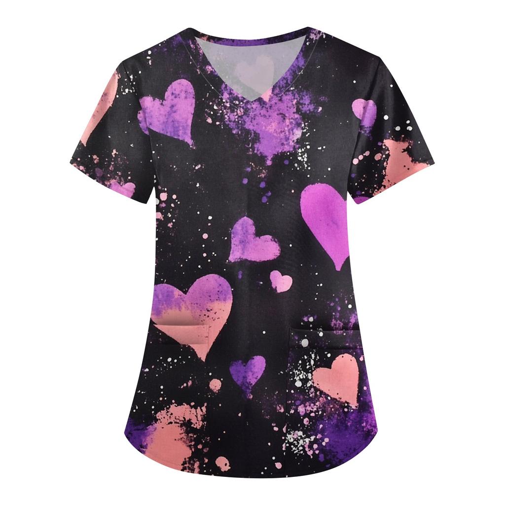 Women's Fashion V-neck Short-sleeved Work Clothes With Pockets Valentine's Day Print Top