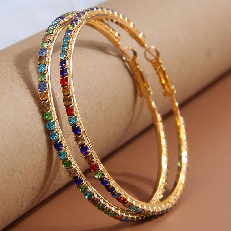 Simple Metal Copper Inlaid Diamond Colorful Large Circle Earrings , Fashion Round Hoop Earrings for Women