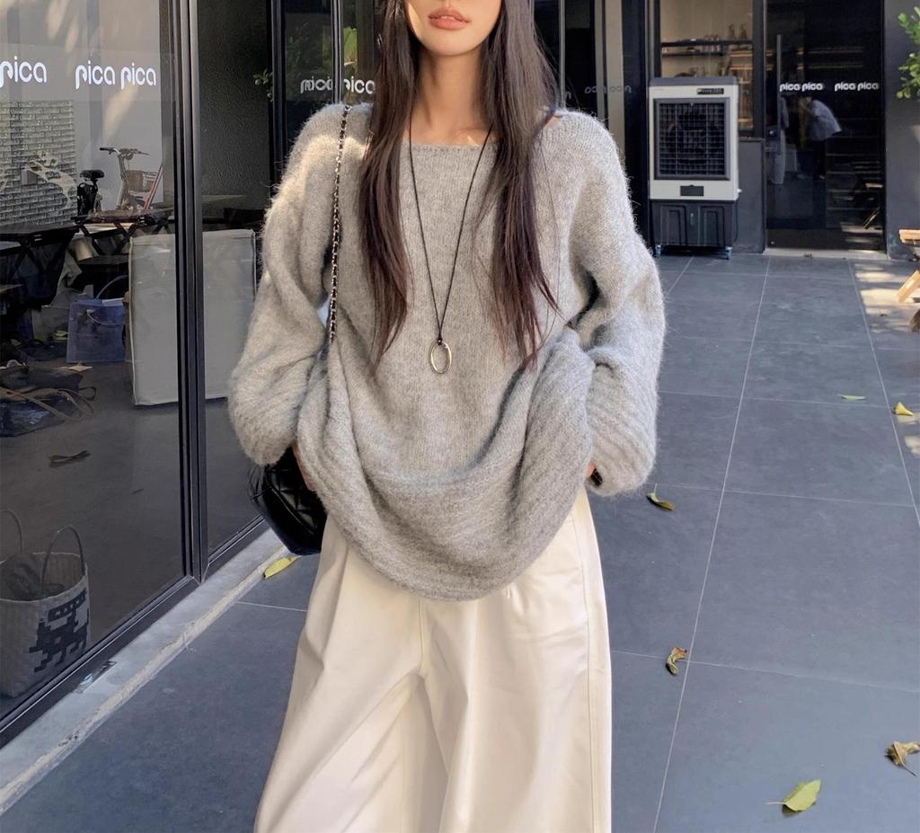 Женский корейский свитер с открытыми плечами и рукавами-фонариками - Мягкий, эластичный трикотаж, свободный крой, стройнящий, больших размеров, коллекция осень/зима