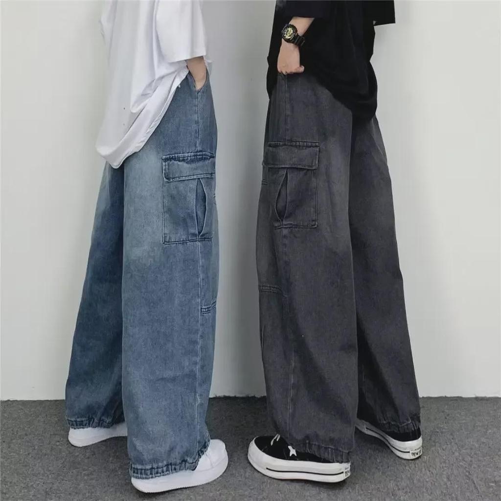 2025 Japanese Retro Loose Wide-Leg Workwear Jeans with Large Pockets