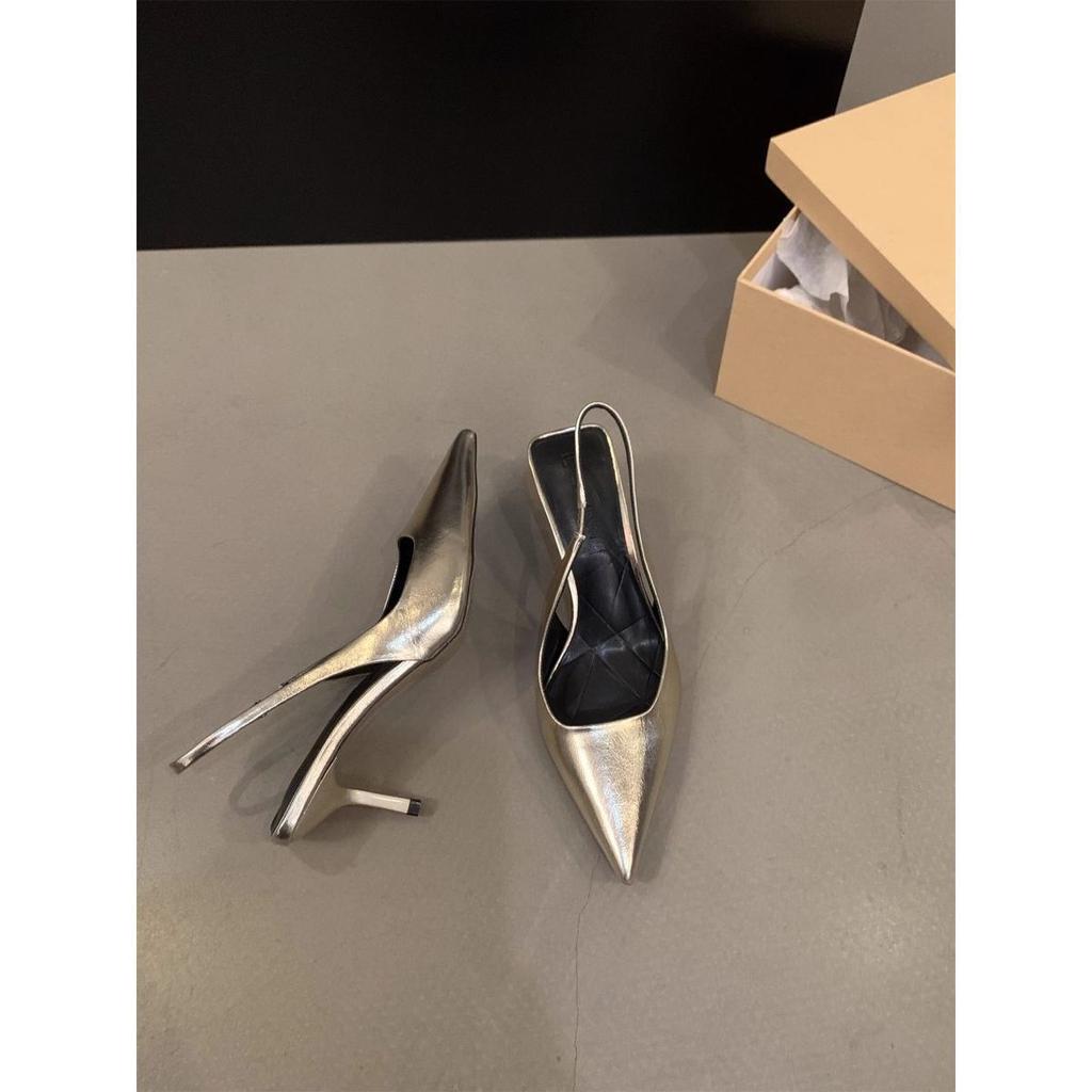 Серебряные туфли на высоком каблуке с острым носком и сумкой на голове, босоножки сказочной формы, весенние и осенние туфли с французским задником, пустые одинарные туфли