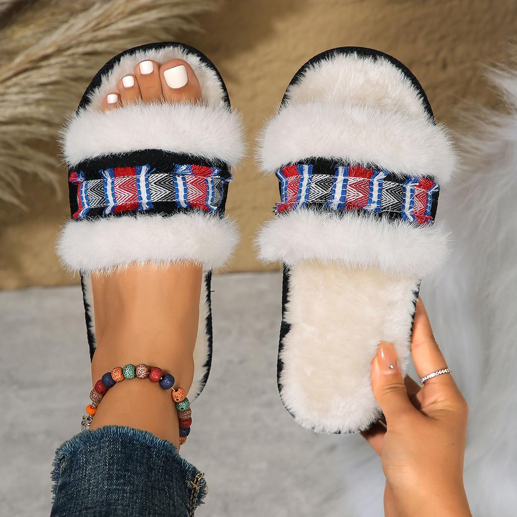 2024 Female Flat Fur Slides Design Women Home Slippers 2024 Home Soft Bottom Flip-flops Winter Walking Cozy Cotton Women Slides