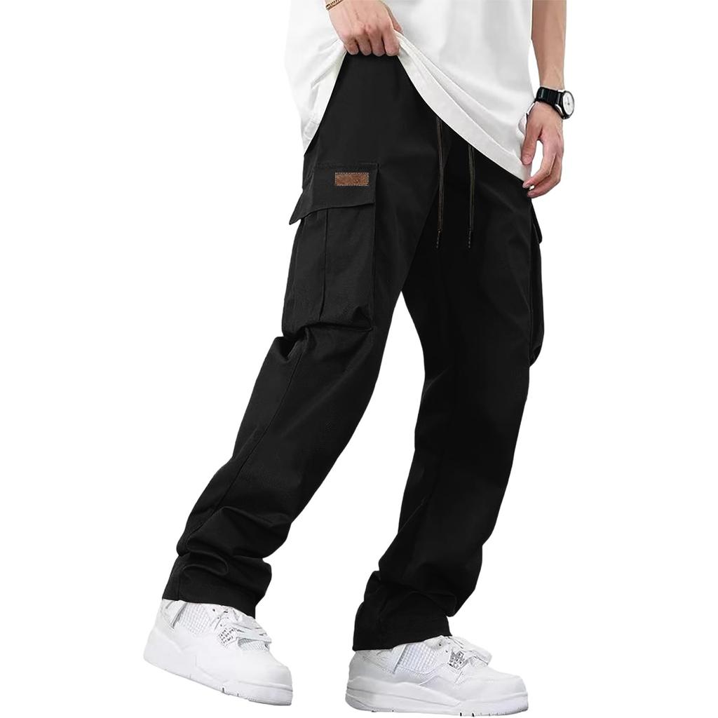 Men's Loose Casual Multi-pocket Work Pants, Youth Stretch Waist Drawstring Pants