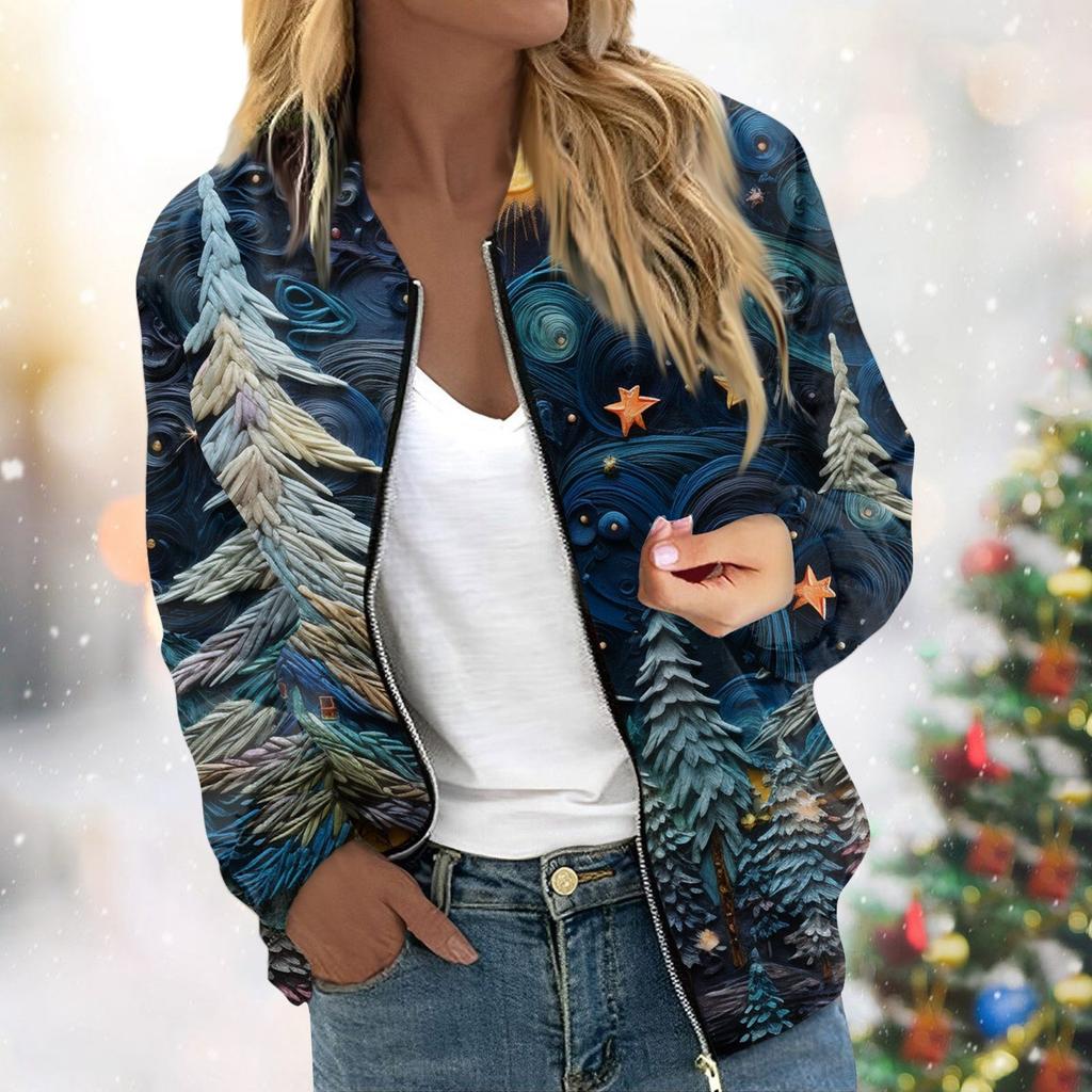 Женская легкая короткая куртка с длинными рукавами на молнии с принтом, повседневная стеганая куртка с карманами, рождественская