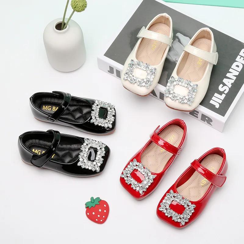 Girls Leather Shoes Korean Style Rhinestones Princess Mary Jane Kids Fashion Flats Hook & Loop Simple Girls Spring Flats Elegant