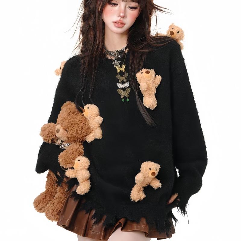 Милый и ленивый свитер женский с медвежьими аксессуарами, мягкий и восковой, осенне-зимний, свободный, с длинным рукавом, вязаный свитер-топ, женская одежда