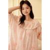 11-Year summer women's cotton gauze medium and long lotus leaf collar embroidery romantic pink flower print short-sleeved nightdress