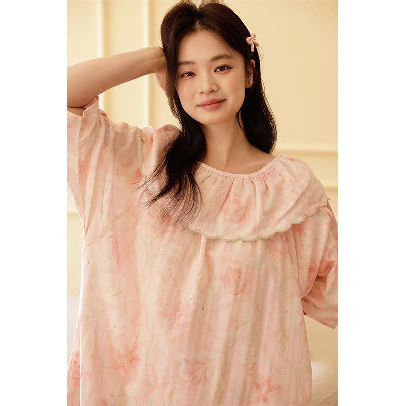 11-Year summer women's cotton gauze medium and long lotus leaf collar embroidery romantic pink flower print short-sleeved nightdress