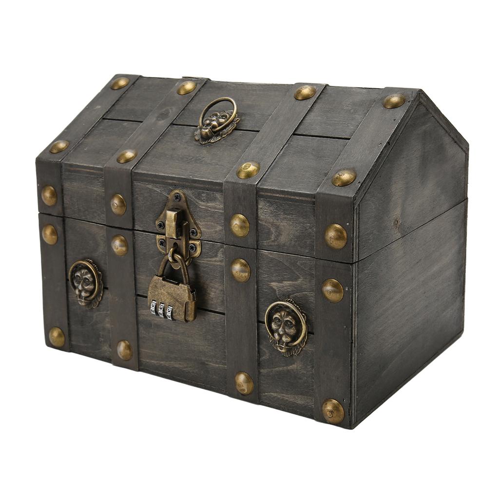 Wooden Treasure Chest Boxes Hand Crafted Vintage Wooden Box with Mini Metal Lock for Storing