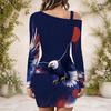 Women Plus Size One Shoulder Long Sleeve Bodycon Mini Dress American Flag Eagle Printed