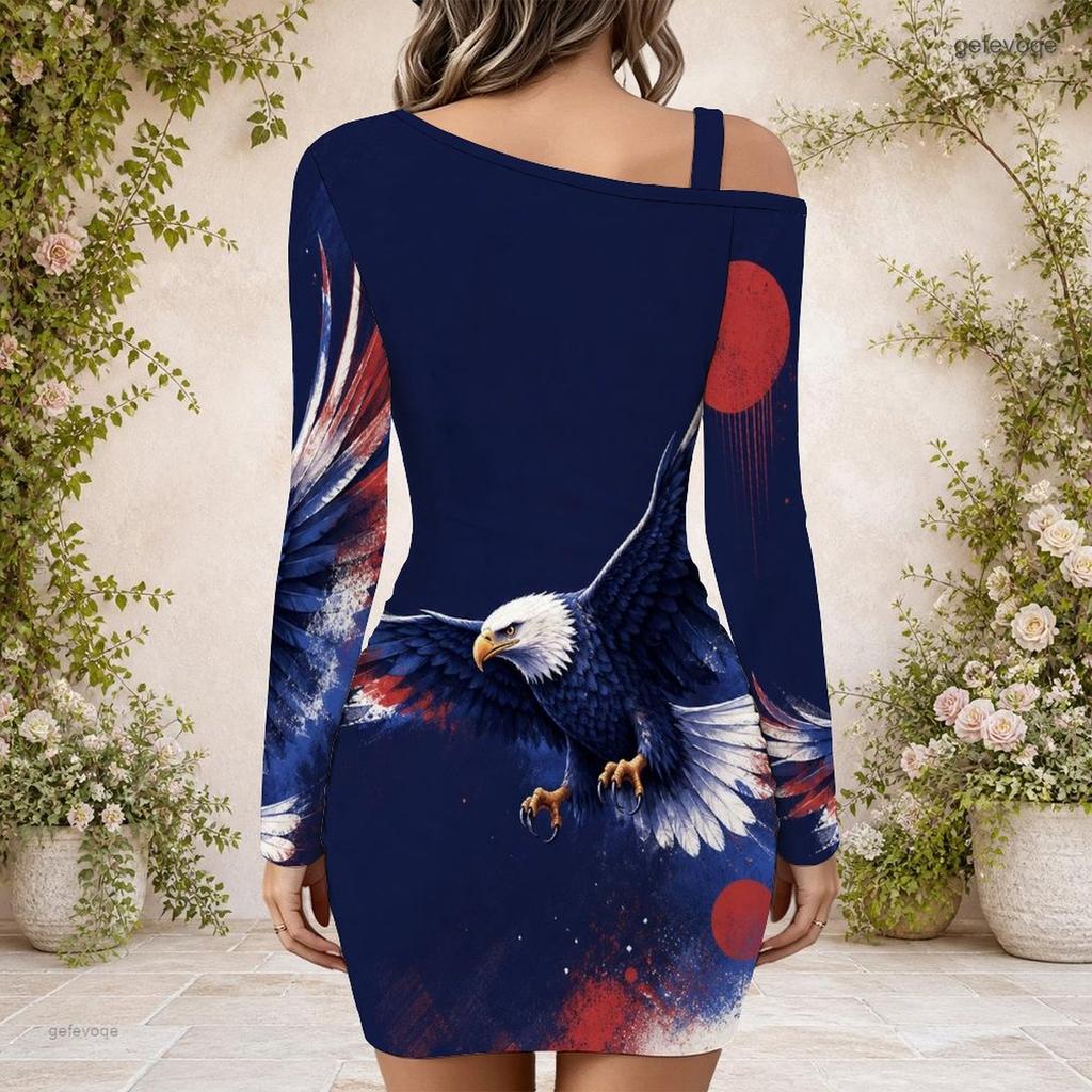 Women Plus Size One Shoulder Long Sleeve Bodycon Mini Dress American Flag Eagle Printed