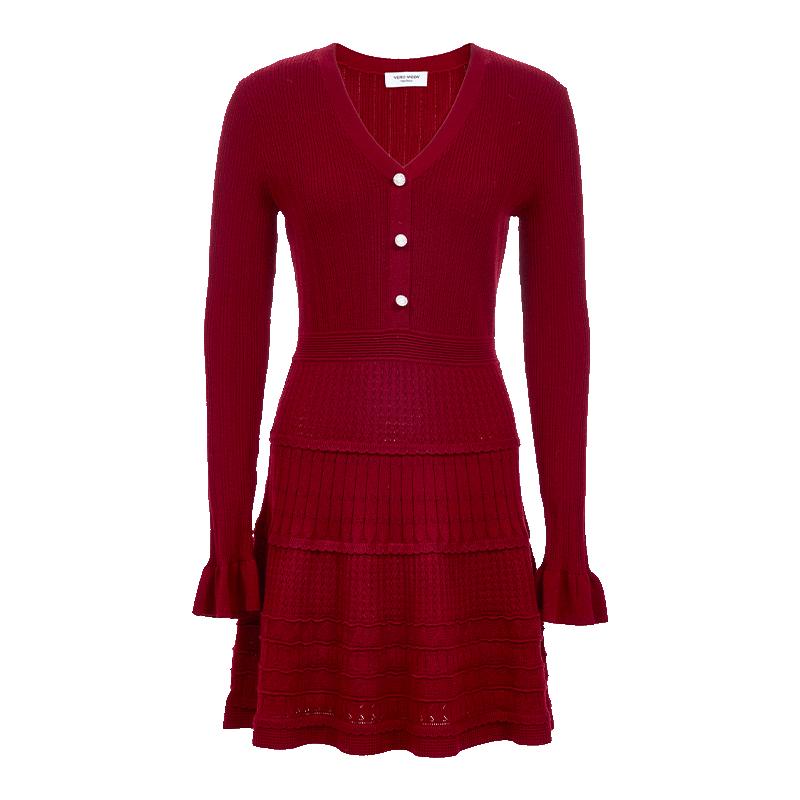 VEROMODA Wool Blend V-Neck Knit Dress with Decorative Buttons