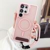 Wrist Strap Lanyard Lens Stand Holder Matte Magnetic Case For Samsung S24 FE S25 Ultra S23 Plus Shockproof Hard Bumper Cover